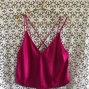 Women’s Fuchsia Satin V-Neck Cami Tank Top with wide leg pants